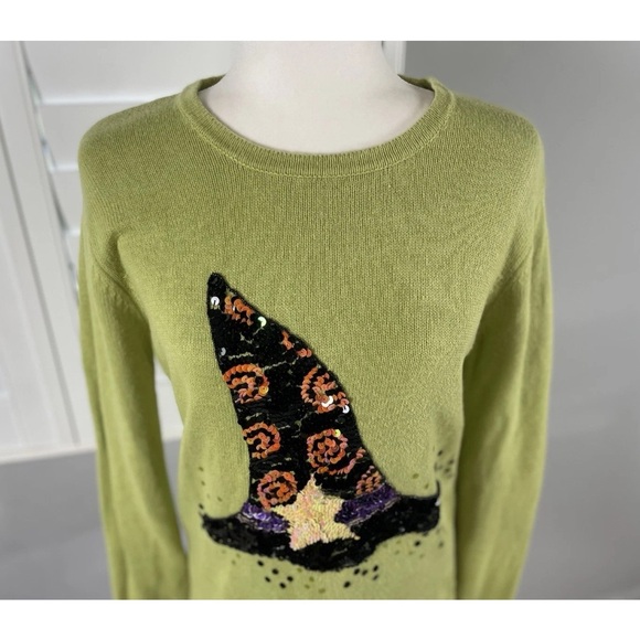 Peek A Boo Halloween Sequin Witches Hat Lime Green Pullover Sweater Women’s S - Picture 15 of 16